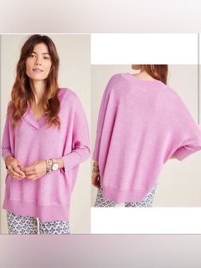 Anthropologie 100% Merino Wool V-Neck Sweater - Relaxed Short Sleeve Knit // 2X
